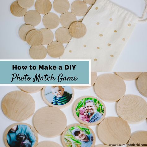 How to make a homemade diy photo memory match game out of photos and wooden circles. Could also teach colors, shapes and patterns too. A great gift! Matching Games For Toddlers, Memory Match Game, Memory Games For Kids, Match Game, Diy Gifts For Kids, Learn Crafts, Cool Gifts For Kids, Daycare Crafts, Games For Toddlers