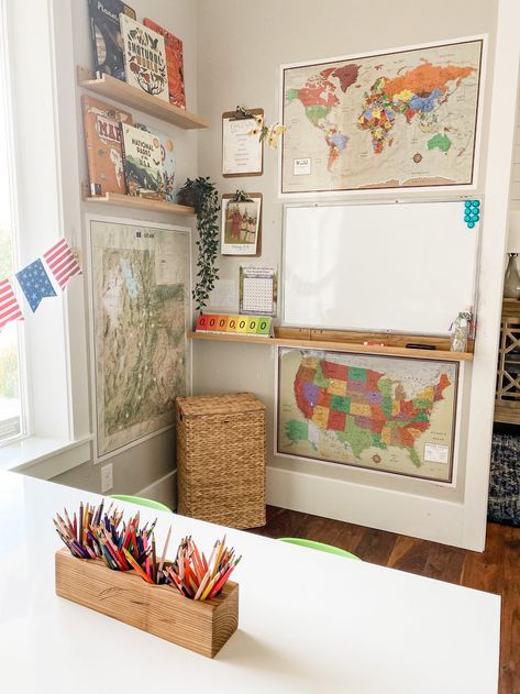 Our Homeschool Room : Home-Centered Learning Homeschool Table And Chairs, Classy Homeschool Room, Homeschool In Living Room, Homeschool At The Kitchen Table, Organized Homeschool Room, Homeschool Room And Playroom, Homeschool Space Ideas Dining Room, Homeschool Dinning Room, Minimal Homeschool Space