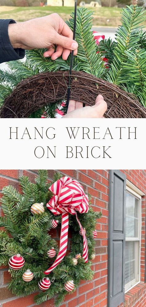 Brick Ranch Christmas Decor Exterior, Red Brick House Christmas Decor Outside, Hanging Christmas Wreath, Brick House Christmas Decor Outside, How To Hang Wreaths On Windows Outdoor, How To Hang Garland On Brick, Large Outdoor Wreath On House, How To Hang Wreath On Front Door, Large Outdoor Christmas Wreath Decorating Ideas