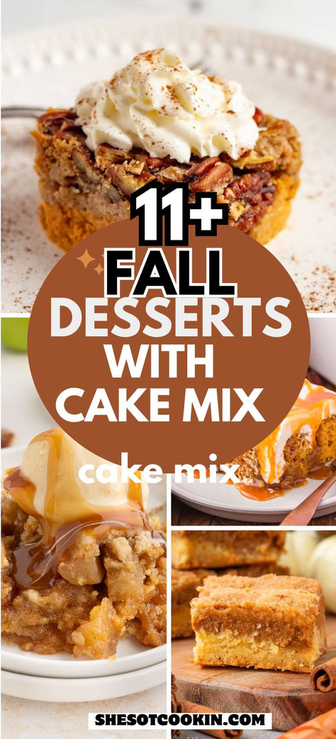 Fall dessert recipes with cake mix photo collage. Easy Fall Cakes Recipes, Fall Cake Mix Recipes, Pumpkin Roll Cake Mix Recipe, Cake Mix And Pumpkin Recipes, Pumpkin Cake With White Box Cake, Cake Box Recipes 3 Ingredients, Yellow Cake Mix Desserts 3 Ingredients, Uses For Cake Mixes, Easy Desserts With Box Cake