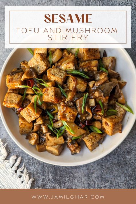 Sesame mushroom and tofu stir fry is an easy meal ready in 30 minutes! The crispy tofu stir fries with mushrooms in a homemade sesame sauce. Stir Fried Tofu Recipes, Tempeh Mushroom Recipes, Recipes With Shitake Mushroom, Stir Fry Mushrooms, Mushroom And Tofu Recipes, Mushroom Tofu Recipe, Tofu And Mushroom Recipe, Vegan Stir Fry Recipe, Tofu Mushroom Recipe