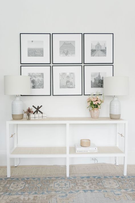 Gallery Wall with Frame It Easy - Finding Lovely Simple Gallery Wall, Entryway Table Ideas, Small Entryway Table, Rustic Entryway Table, Picture Gallery Wall, White Shiplap Wall, Entryway Table Decor, Gallery Wall Living Room, Wallpaper Home Decor