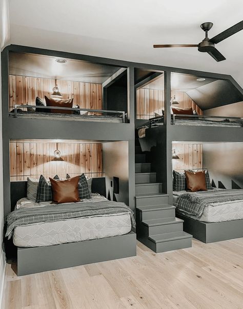 10 Unique Built in Bunk Beds to Inspire You! Guest Room Bunk Bed Ideas, Adult Bunk Beds Guest Rooms, Bunk Room Ideas, Bunk Bed Plan, Bunk Bed Room, Bunk Bed Rooms, Adult Bunk Beds, Custom Bunk Beds, Queen Bunk Beds