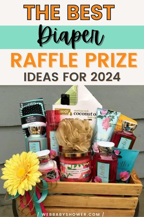 Looking for creative diaper raffle prize ideas to wow your guests at your baby shower? Check out 20 fabulous options that are both practical and fun! From baby-themed gifts to self-care goodies, we've got you covered – so start collecting and impressing your guests! #diaperraffleprize #babyshowerdiapergames Baby Shower Gift Basket For Guests, Baby Shower Prizes For Games For Men, Baby Shower Raffle Gift Basket Ideas, Baby Shower Raffle Prizes Baskets, Gift Basket Ideas For Baby Shower Prizes, Gift Baskets For Baby Shower Prizes, Baby Shower Raffle Basket, Baby Shower Door Prize Ideas, Baby Shower Prize Baskets