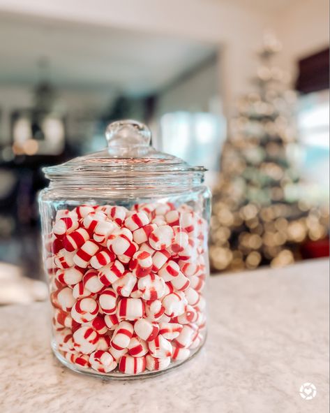 Christmas Candy Jars Decoration, Candy Cane Storage, Candy Cane Home Decor, Christmas Candy Table, Mason Jar Christmas Candy Jars, Candy Cane Kitchen Decor, Peppermint Decor, Glass Christmas Tree Candy Jar, Easy Holiday Decor