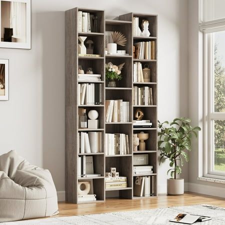 Homfa  21-Cube Bookcase and Bookshelves with Adjustable Shelves, Triple Width Open CD Display Storage Rack, Oak Book Shelves In Bedroom, Cd Display, Wide Bookcase, Tall Bookshelves, Library Bookshelves, Cool Bookshelves, Clean Your Room, Open Bookshelves, Cube Bookcase