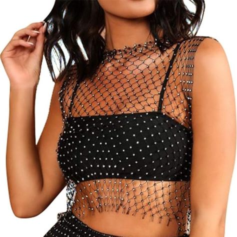 FlyCC Women Sexy Mesh Tank Tops Rhinestone Glitter See Through Hollow Out Crop Tops for Rave,Party,Clubwear at Amazon Women’s Clothing store Tops Transparentes, Mesh Top Outfit, Blusas Crop Top, Mesh Outfit, Rhinestone Outfit, Sparkle Top, Rhinestone Top, Rave Party, Music Festival Outfits