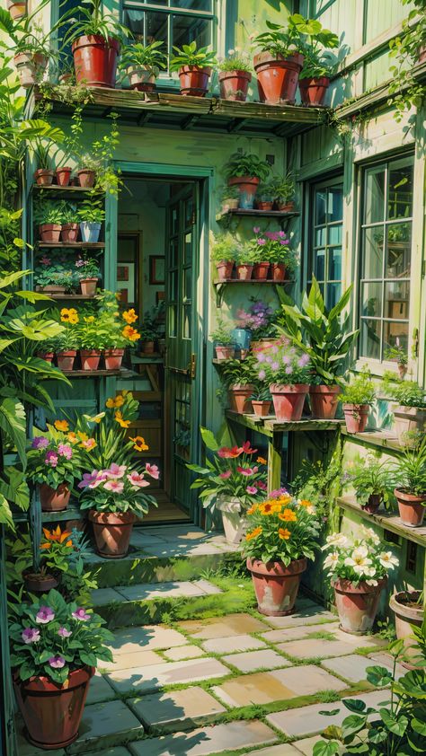 Potted Paradise 🌿🌻 . . . . . . #pottedplants #plants #greenery #greenhouse #flowersandplants #aiart #aiartcommunity #artexploration #prernaverse #midjourney #viralpainting #explorepageworthy Botanical Garden Art, Plants On Buildings, Cute Plants Aesthetic, Green House Interior Design, Flower Shop Painting, Greenhouse Painting, Indoor Plant Hacks, Greenery Drawing, Greenery House