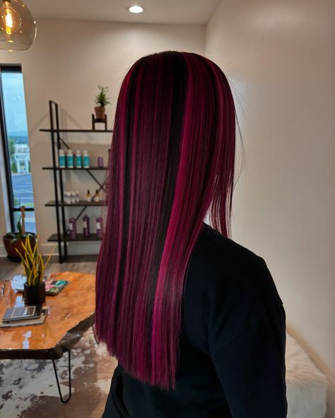 Pink🩷 using magenta by @pravana Midnight Magenta Hair Color, Red Pink And Purple Hair, Christmas Color Hair, Electric Pink Hair, Magenta Hair Aesthetic, Magenta And Black Hair, Hot Pink And Brown Hair, Hair Colours 2024, Magenta Highlights On Dark Hair