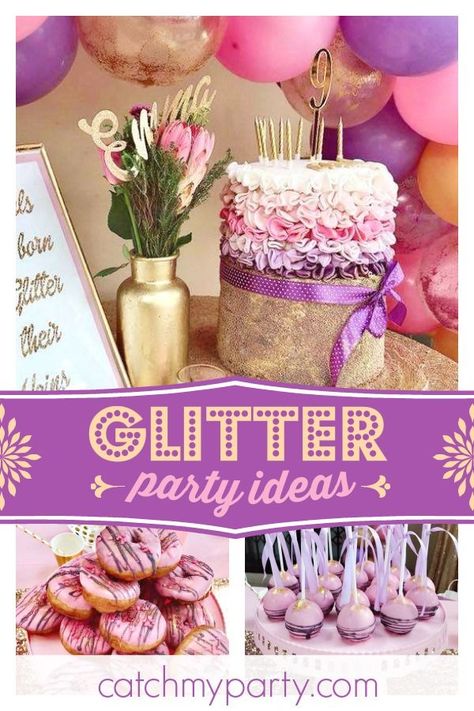 Take a look at this fantastic Glitter and Shimmer birthday party! Love the balloon arch! See more party ideas and share yours at CatchMyParty.com #catchmyparty #partyideas #girlbirthdayparty #tablesettings #desserttable #balloondecorations #ballloonarch Sparkle Birthday Party Theme, Queen Birthday Party, Sparkle Birthday Party, Glitter Party Decorations, Sparkle Cake, Sparkle Birthday, Glitter Birthday Parties, Birthday Party Desserts, Bday Party Theme