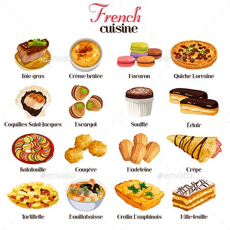 French Dishes Recipes, Kue Macaroon, France Food, Culinary Cooking, Food Vocabulary, Food Infographic, Foreign Food, Food Sketch, Icon Sets