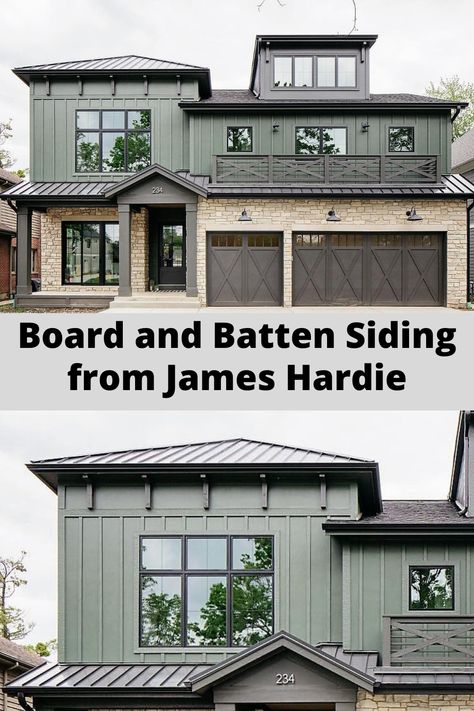 Board And Batten Tin Siding, Dark Hardie Board Siding, Hardy Board And Batten Siding, Hardie Panel Vertical Siding, Board And Batten With Lap Siding, Board And Batten Siding With Metal Roof, Board And Batten Colors Exterior, Board And Barton Exterior, Green Hardie Board House