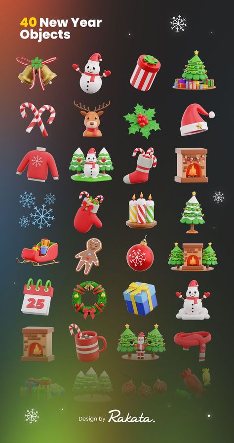 Christmas Eve 3D Icons 40 3D Objects Christmas Clay, Design Presentation, Food Graphic Design, 3d Tutorial, 3d Stickers, 3d Icons, Tree Illustration, Game Icon, Game Inspiration