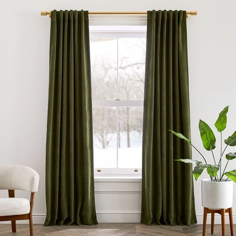 Worn Velvet Curtain - Tarragon | West Elm Rideaux Boho, Mid Century Curtains, Cortinas Boho, Metal Curtain Rod, Vista House, Velvet Drapes, Plain Curtains, Green Curtains, Boho Curtains