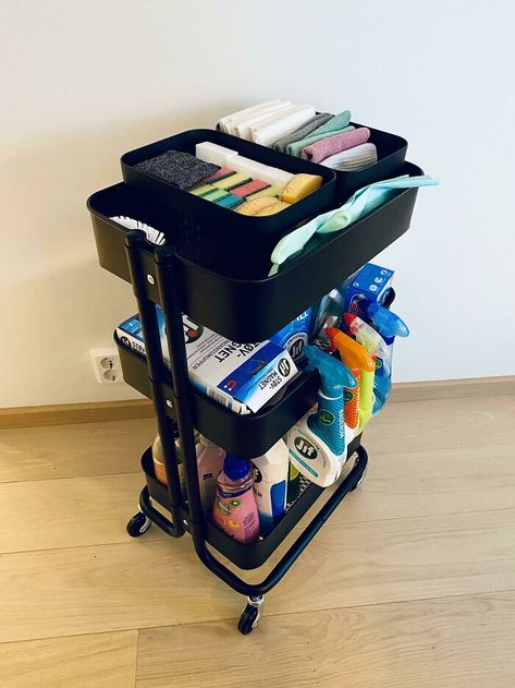 Ikeas Råskog Trolley Turned Out To Be The Perfect Way To Store All My Cleaning Supplies! Cleaning Trolley, Organizing Aesthetic, Aesthetic Organizer, Trend Kitchen, Wet Kitchen, Ikea Cart, Cleaning Closet Organization, Organization Ideas For The Home, Cleaning Cart