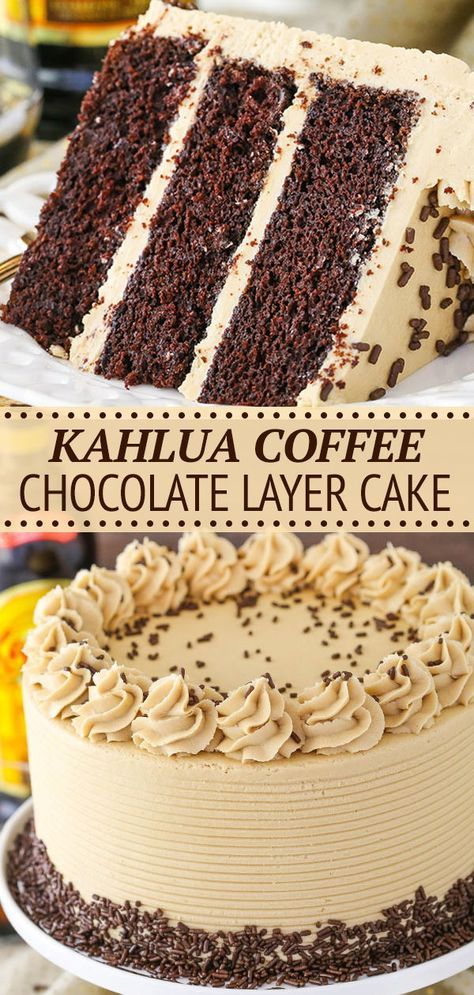 This Kahlua Coffee Chocolate Layer Cake is made with a moist chocolate Kahlua cake covered in Kahlua coffee frosting! It’s seriously so good – you won’t want to share! Blueberry Cake Ideas, Mini Cake Design Ideas, Cakes For Easter, Chocolate Kahlua Cake, Coffee Frosting, Kahlua Coffee, Funfetti Cheesecake, Chocolate Layer Cake Recipe, Life Love And Sugar