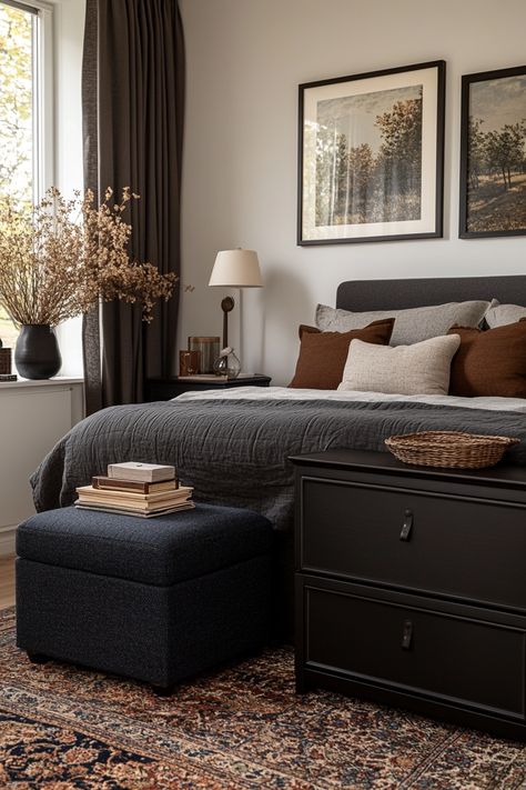 15 Tips for a Serene Grey Bedroom – Everyday Inspo Slate Grey Bed, Greige Paint Bedroom, Bedroom Inspo Dark Wood Floors, Bedroom With Grey Upholstered Headboard, Charcoal Grey Upholstered Bed, Grey Scheme Bedroom, Dark Gray And Cream Bedroom, Dark Brown Master Bed, Gray Room Color Scheme