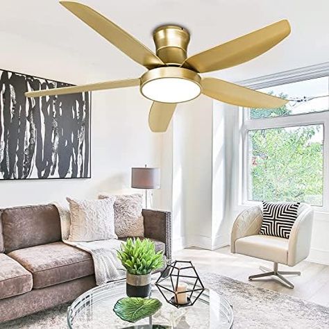 Gold Ceiling Fan With Light, Bedroom Ceiling Fans, Gold Ceiling Fan, Low Profile Ceiling Fan, Ceiling Fan With Lights, Large Ceiling Fans, Cozy Den, Ceiling Fan Light Kit, Gold Ceiling