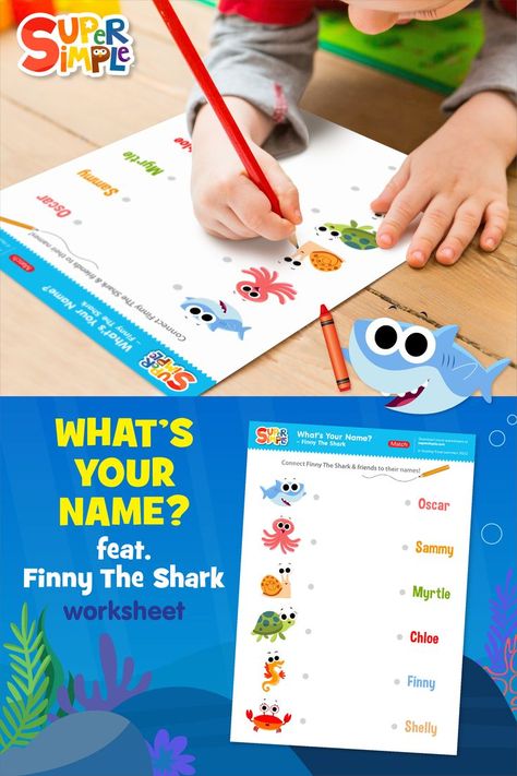 Draw a line connecting Finny the Shark & friends to their names! If you need some help, check out the Finny the Shark version of the Super Simple song "What’s Your Name?" Finny The Shark, Oscar Name, Single Songs, Songs Preschool, Preschool English, Shark Names, What's Your Name, Super Simple Songs, Five Little Monkeys