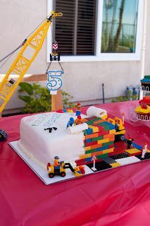 This is perfect for Felix's next birthday especially with that crane!! Lego Torte, Chocolate Lego, Birthday Chocolate, Lego Cake, Lego Birthday Party, Lego Birthday, Lego Party, Cake Chocolate, 6th Birthday Parties