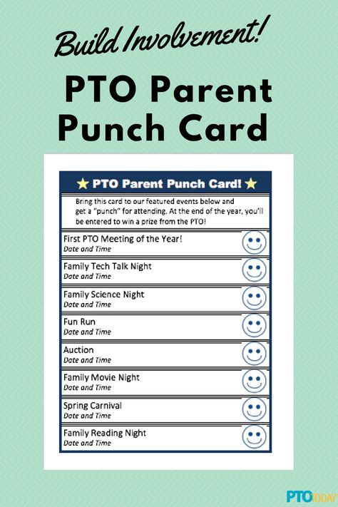 Use these free punch cards to promote parent involvement! High School Parent Involvement, Pta Parent Involvement, Meet Your Pta Board, Pto Parent Punch Card, Parent Club Ideas, Parent Advisory Committee Ideas, Ptfa Ideas Fundraising Schools, Pta Sign Up Table, Pta Meeting Ideas