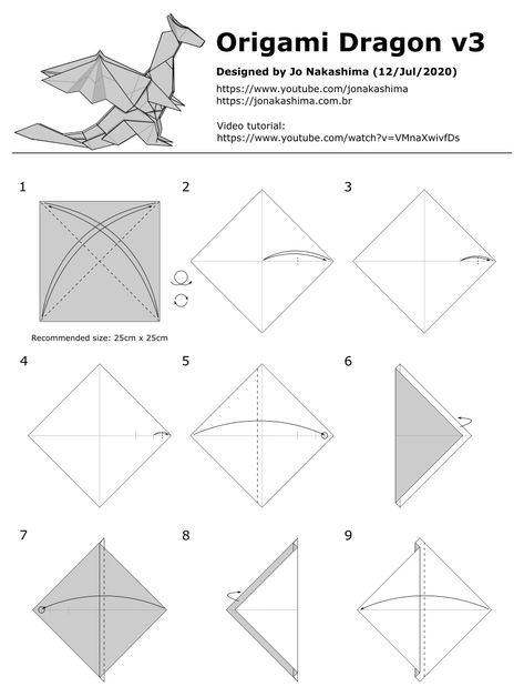 Origami Dragon v3 - Jo Nakashima Scp 1762, Origami Dragon Tutorial, Printable Origami Instructions, Dragon Collage, Waldorf Autumn, Easy Origami Dragon, Fire Birthday, Origami Animal, Paper Folding Crafts