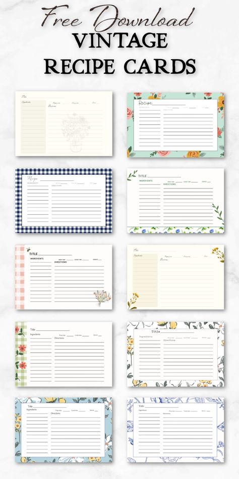 Printable Recipe Cards {10 Free + Beautiful Varieties} Recipe Templates Free, Recipe Book Printables, Vintage Recipe Cards, Printable Recipe Page, Homemade Recipe Books, Recipe Cards Printable Free, Recipe Book Design, Recipe Book Diy, Family Recipe Book