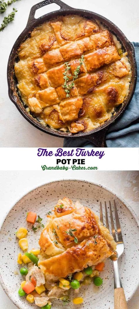 Use leftover holiday turkey to make this Turkey Pot Pie! Juicy shredded turkey in a creamy gravy loaded with vegetables is topped with flaky puff pastry. #potpie rn#pie #chicken #chickenpotpie #turkeypotpie #thanksgiving #thanksgivingturkey #thanksgivingleftovers Wild Turkey Pot Pie, Turkey Pot Pie Recipe Easy, Pie Chicken, Turkey Pot Pie Recipe, Grandbaby Cakes, Turkey Leftovers, Leftover Recipes, Shredded Turkey, Chicken Casseroles