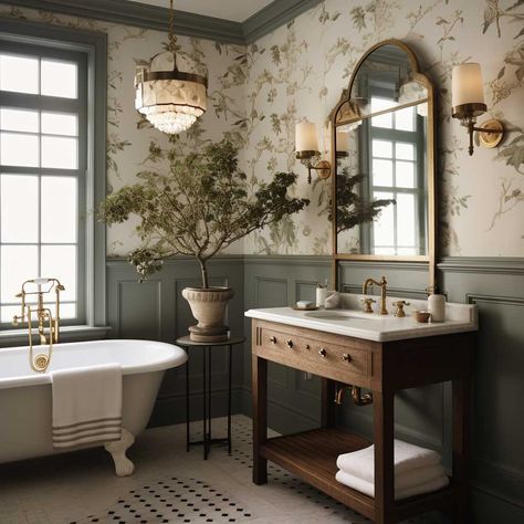 Traditional Bathroom Design Blending Old and New • 333+ Art Images Old English Bathroom Ideas, Bathroom Inspirations Farmhouse, Traditional Interior Design Bathroom, Vintage Styled Bathroom, Bathroom With Dark Trim, Traditional English Bathroom, Old World Interior Design Modern, Earth Tone Master Bath, Old English Bathroom