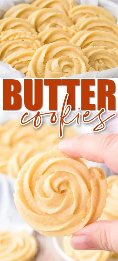 Butter cookies! These aren't your grandma's sewing tin butter cookies, oh my. This recipe is melt-in-your-mouth heaven! Danish Butter Cookies Recipe, Piped Cookies, Homemade Danish, Butter Cookie Recipe Easy, Butter Cookies Easy, Butter Sugar Cookies, Danish Butter Cookies, Frozen Cookie Dough, Easy Butter