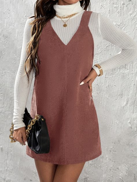 Brown Pinafore Dress Outfit, Brown Overall Dress, Corduroy Pinafore Dress, Corduroy Overall, Corduroy Overall Dress, Trendy Fall Outfits, Thanksgiving Outfit, Dress For Short Women, Overall Dress