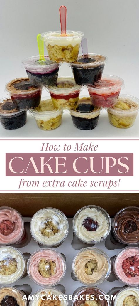 This easy cake cups recipe is an absolute must-try for any home baker! They're a fantastic make-ahead option for birthday parties and outdoor events in particular and are endlessly customizable. These cake cups were one of my favorite ways to sell off extra cake at the bakery and offer a grab-and-go option at the same time! They can be made with leftover cake scraps from using the Cut and Stack method. Learn how to make cake cups on our blog today! Mini Desserts For Parties In Cups, Leftover Cake Scraps, Easy Diy Cake, Sour Cream Coconut Cake, Fundraiser Bake Sale, Bake Sale Desserts, Mini Loaf Cakes, Bake Sale Treats, Buttercream Icing Recipe