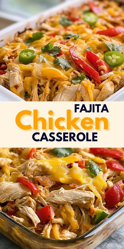 Fajita Chicken Casserole Ingredients: 1 lb boneless, skinless chicken breasts, cut into bite-sized pieces 1 large onion, sliced 1 large bell pepper, sliced (any color) 1 cup shredded cheddar cheese 1 cup shredded mozzarella cheese 1 packet fajita seasoning mix 1 cup sour cream 1/2 cup chicken broth 1 tbsp olive oil Salt and pepper to taste Fresh cilantro, chopped (optional, for garnish) #Fajita #Chicken #Casserole Keto Chicken Fajita Casserole, Fajita Bake Recipe, Chicken Bell Pepper Recipes, Fajita Chicken Casserole, Fajita Casserole, Fajita Seasoning Mix, Fajita Chicken, Chicken Fajita Casserole, Baked Chicken Fajitas