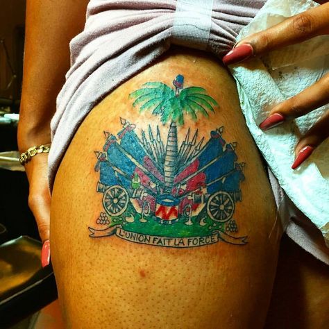 Haitian Tattoo Ideas, Haitian Flag Tattoo, Caribbean Tattoos, Haitian Tattoo, Haiti Tattoo, Clock And Rose Tattoo, Tats Ideas, Flag Drawing, Haitian Flag