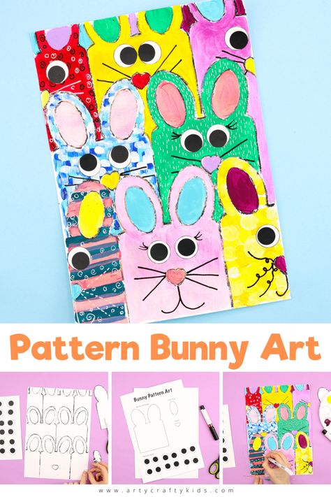 A fun Spring and Easter art project for kids - Pattern Bunny Art - using one simple shape to create a tiled effect. Add bright colors and expressive features to bring the characters to life! Easter Art For Kindergarten, Easter Art 5th Grade, Easter Art Grade 1, Kindergarten Easter Art, Easter Art Projects For Kids, Easter Crafts For Kids Elementary, Easter Art Painting, Easter Art Ideas, Easter Art Activities