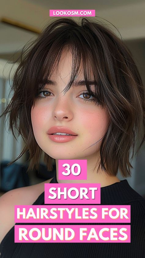 30 Short Hairstyles for Round Faces: Define Your Beauty Pixie Hairstyles Medium Length, Short Hairstyle Wispy Bangs, Choppy Bob For Round Faces, Bob Haircuts For Round Face Shape, Short Shag Haircuts Round Faces, Chin Length Edgy Haircuts, Choppy Bob Hairstyles Round Faces, Chin Length Hair With Wispy Bangs, Asymmetrical Bob Round Face