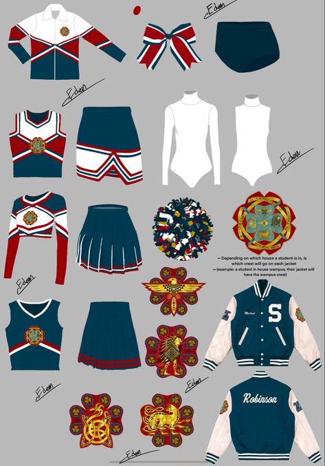 Gryffindor Cheerleader Outfit, Hogwarts Cheer Uniform, 70s School Uniform, American Cheerleader High Schools, Mha Cheer Uniform, Hogwarts Cheerleader Uniform, Cheer Uniform Aesthetic, Cheer Leaders Outfit, Competitive Cheer Uniforms