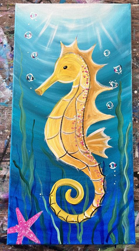 How To Paint A Seahorse - Beginner Acrylic Painting Tutorial Diy Fish Painting, Sea Horse Painting Acrylics, Marine Life Painting Easy, Seahorse Art Painting, Seahorse Art For Kids, Painted Seahorses On Wood, Seahorse Paintings, How To Paint A Seahorse, Sea Life Painting Easy