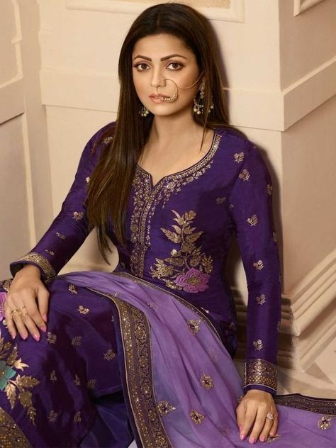 Silk Suits, #salwarsuits #bollywoodsuits Designer Palazzo, Drashti Dhami, Velvet Dress Designs, Simple Kurti Designs, Palazzo Suit, Lehenga Style, Sleeves Designs For Dresses, Silk Suit, Dresses Outfits