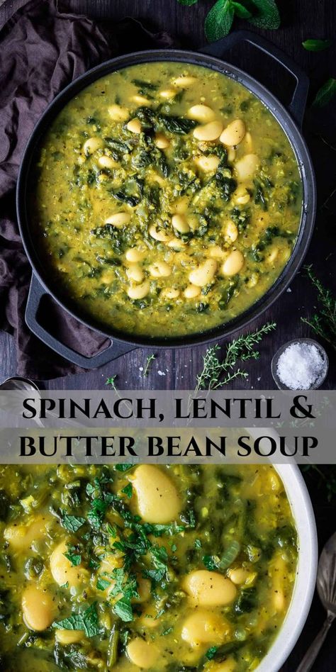 Spinach Lentil, Butter Bean Soup, Easy Vegan Soup, Vegan Soup Recipes, Tasty Vegetarian Recipes, Lentil Recipes, Vegan Soup, Easy Soups, Easy Soup Recipes