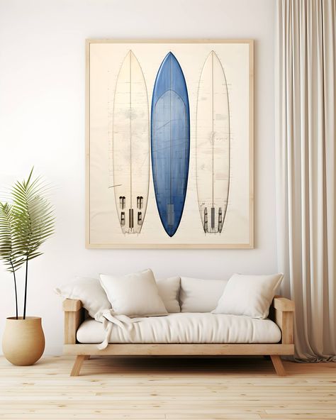 Coastal Room Decor, Beachy Wall Art, Vintage Surfboards, Minimalist Modern Art, Surfboard Wall Art, Surfboard Wall, Coastal Room, Coastal Living Room, Coastal Wall Art