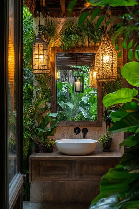 Discover modern bathroom ideas with a lush, tropical twist. This stunning design blends natural greenery with chic, minimalist fixtures, creating a serene spa-like atmosphere. Enhance your space with nature-inspired accents. #ModernBathroomIdeas #BathroomDecor #HomeDesign Small Bathroom Nature Theme, Jungle Spa Design, Rainforest Shower Bathroom, Tropical Spa Bathroom, Tiki Bathroom Ideas, Hawaiian Bathroom Ideas, Tropical Luxury Interior, Foliage Bathroom, Rainforest Bathroom Ideas