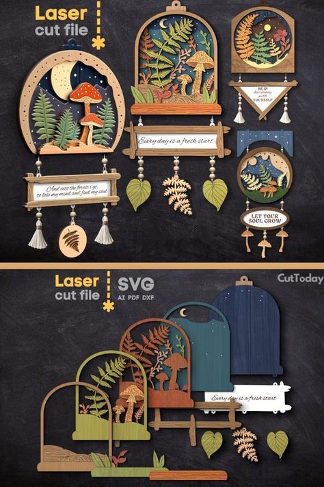 This bundle includes a collection of intricate laser cut files for Glowforge, featuring nature-inspired pendants, whimsical mushrooms, delicate ferns, and enchanting leaves, all adorned with uplifting and thought-provoking quotes. Perfect for home decorators, nature lovers, and those seeking unique wall art. Don't miss out on these inspiring Wall Quote Sign SVG files!  #WallQuoteSign #SVGBundle #LaserCut #Glowforge #NatureInspired #BotanicalArt #SereneSpaces #InspiringQuotes #HomeDecor #WallArt Laser Cut Projects Ideas, Laser Cut Ideas, Whimsical Mushrooms, Laser Cut Wood Jewelry, Provoking Quotes, Diy Laser Cut, Laser Cut Decor, Wood Craft Patterns, Laser Cut Wood Crafts