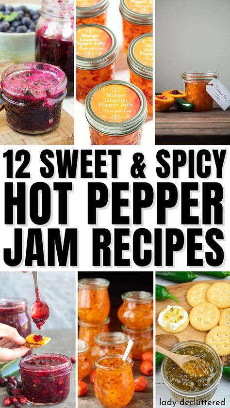 12 Sweet & Spicy Hot Pepper Jam Recipes Bacon Habanero Jam, Sweet Pepper Jam Recipe, Mixed Berry Jalapeno Jam, Spicy Apricot Jam, Pepper Chutney Recipes, Spicy Strawberry Jam Recipe, Strawberry Rhubarb Jalapeno Jam, Strawberry Habanero Jam, Hot Pepper Peach Jam Recipe