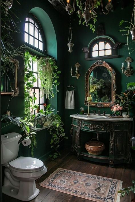 21 Gothic Bathroom Interior Concepts To Fuel Your Dreams! - My Decor Inspo Hobbit Aesthetic Home, Cottagecore Bedrooms, Gothic Bathroom Ideas, Maximalist Bedroom Ideas, Drømme Bad, Gothic Interior Design, Serene Spaces, Dark Green Bathrooms, Gothic Bathroom