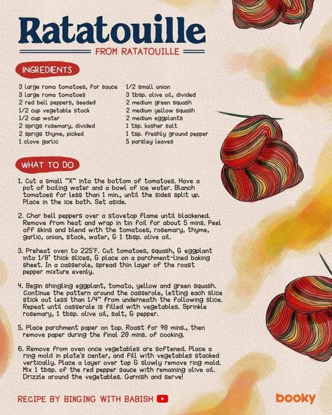 Movie Baking Recipes, Disney Meals From Movies Recipes, Disney Inspired Recipes Dinner, Cartoon Food Recipes Disney Movies, Ratatouille Movie Food, Food From Movies And Tv Shows, Tv Show Food Recipes, Easy Movie Snacks, Booky Food Recipe