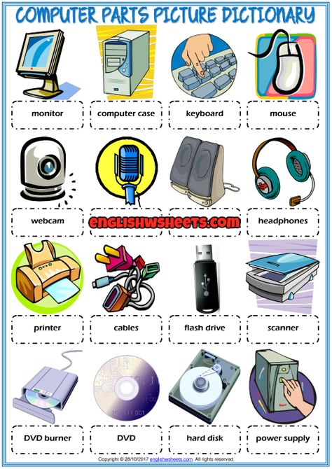 A picture dictionary and classroom poster ESL printable worksheet for kids to study and learn computer parts vocabulary. Look at the pictures and study the words. Useful for teaching and learning computer parts vocabulary. Computer Lab Lessons, Computer Lab Classroom, Dictionary For Kids, Computer Teacher, Teaching Computers, Missing Letters, Computer Lessons, Computer Literacy, Computer Learning