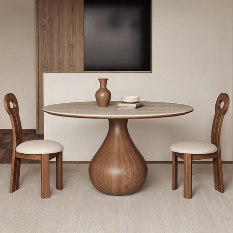 Hernest | 2024 Round Dining Table for 4 with Sintered Stone and Wooden Pedestal Base for Dining Room, Walnut Wooden Kitchen Table Round Dinning Table, Dining Table For 4, Round Dining Table Set, Wooden Dining Table Set, Wooden Kitchen Table, Round Table Decor, Wooden Pedestal, Round Table And Chairs, Brown Dining Table