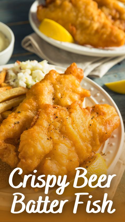 Crispy Beer Batter Fish - Appetizers & Entrees Easy Beer Battered Fish, Beer Batter Cod Recipes, Beef Battered Fish, Crispy Beer Batter Fish, Beer Battered Walleye Recipes, Baked Beer Battered Fish, Beer Batter Recipe For Fish, Breaded Baked Fish Recipes, Beer Battered Catfish