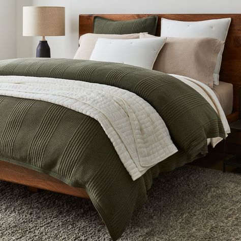 Jersey & Hemp Layered Bedding Look | West Elm Green Bed Comforter Ideas, Green Bed Inspiration, Bedroom With Olive Green Bedding, Master Bedrooms Dark Bedding, Guest Bedroom Green Bedding, Olive Comforter Bedroom, Platform Bed Comforter Ideas, Master Bedrooms Decor Green Bedding, Moss Green Bedding Ideas